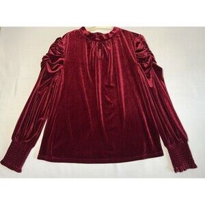 Womens Sz L Burgundy Velvet Mock Neck Puff LS Romantic Elegant Top Very Detailed